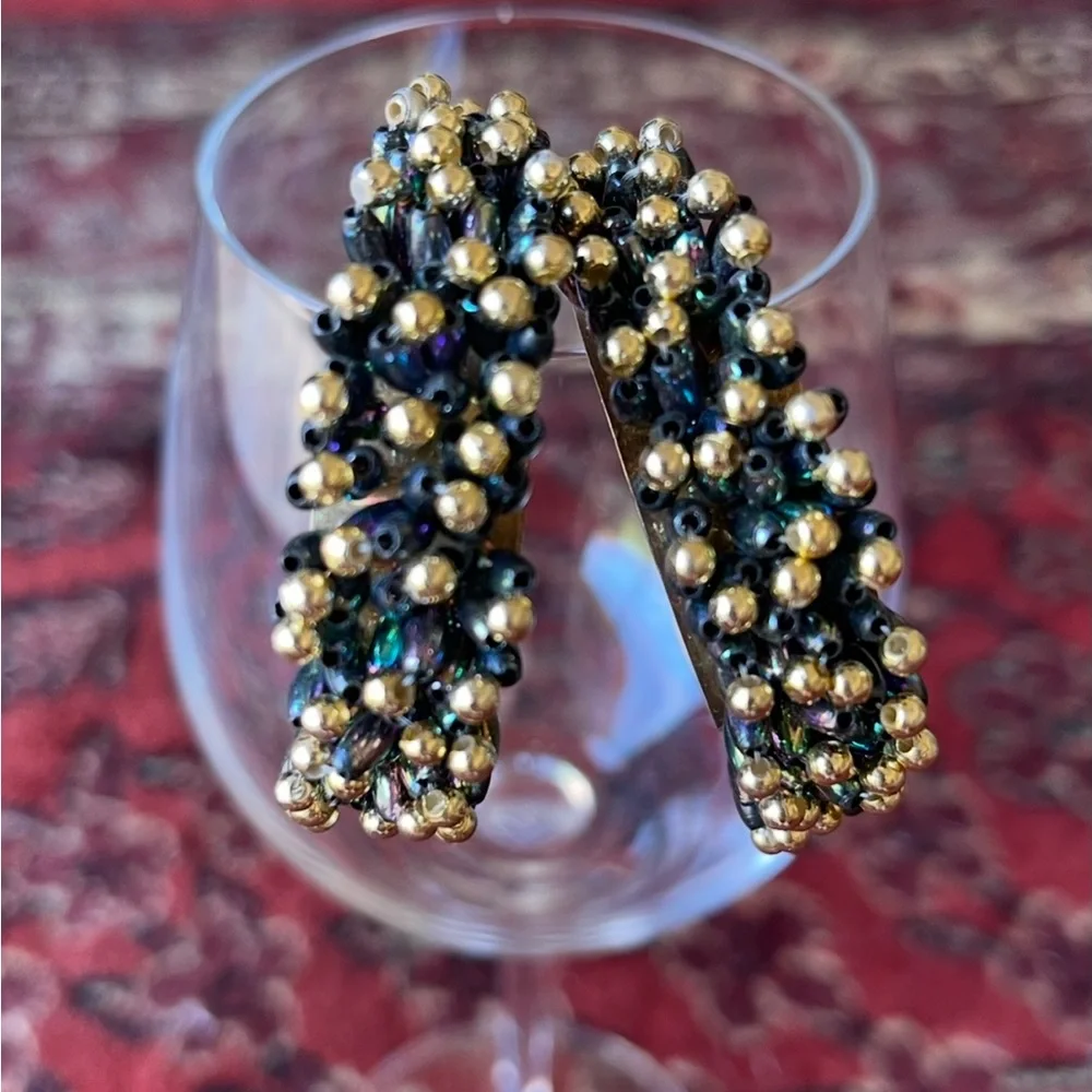 Vintage Statement Openwork Beaded AB Gold 60s 70s Disco Beaded Half Hoop Earring - Picture 3 of 9